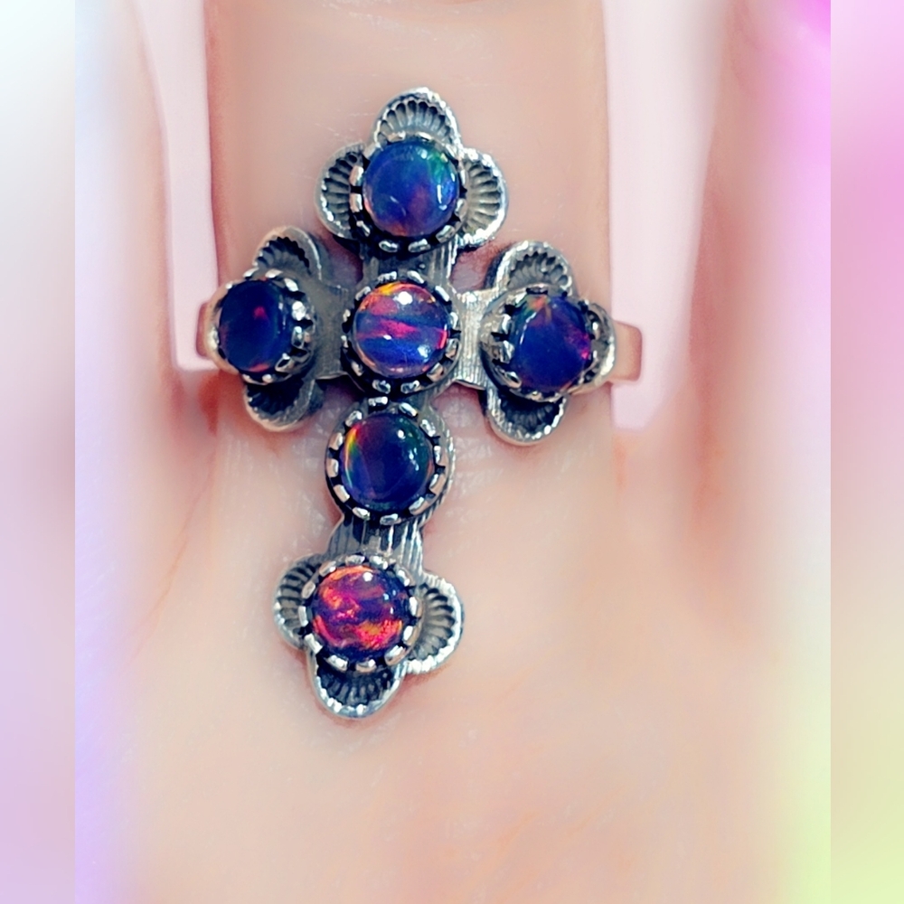 Opal Cross Sterling Gemstone Ring